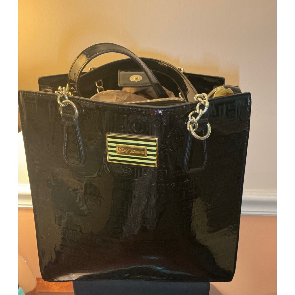Betsey Johnson Black Patent Embossed Logo Tote Bag Gold Chain Accent Satchel